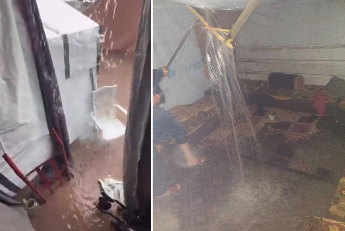 Split image showing floodwaters inundating a tent encampment on the left, and water leaking through the damaged roof of a tent on the right, illustrating the urgent need for winter relief and shelter during harsh weather, made possible by crypto donations like ETH.