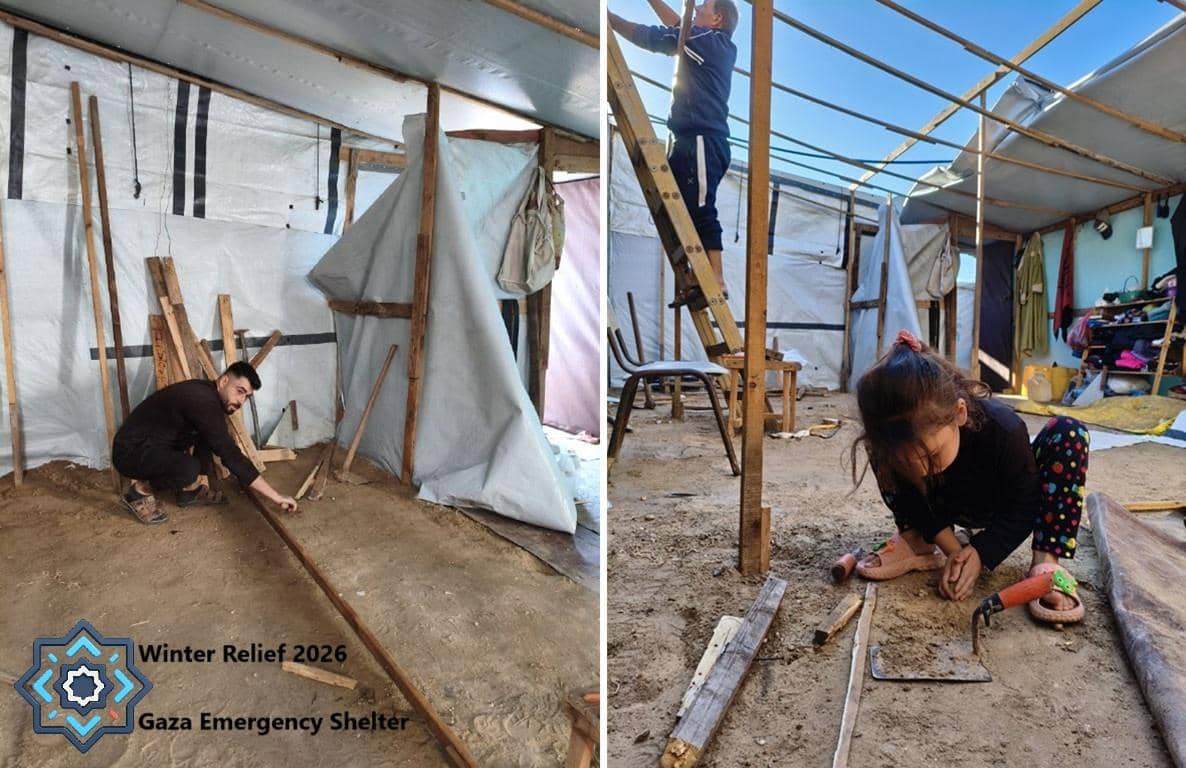 Gaza emergency shelter under construction. A man and a child working on makeshift wooden structures for winter relief. Donate via BTC.