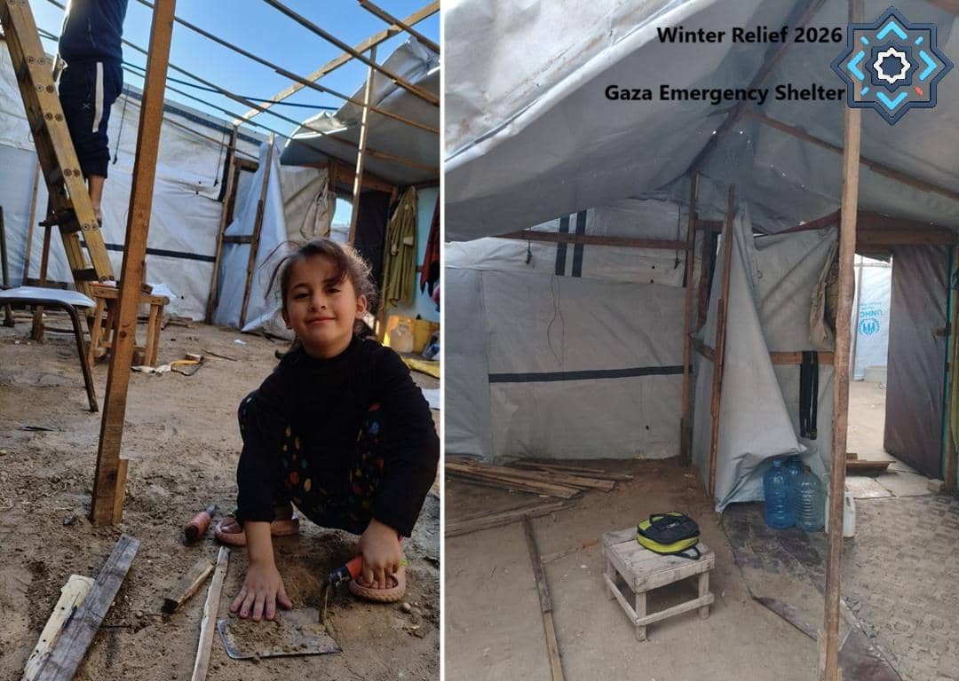 Child in a makeshift Gaza shelter during winter relief efforts. Donate with crypto like USDT to provide emergency aid.
