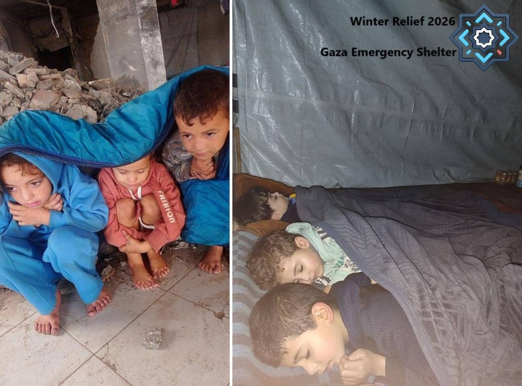 Children huddle under blankets in makeshift shelters in Gaza, highlighting urgent need for winter relief. Donate via crypto like USDT for emergency aid.