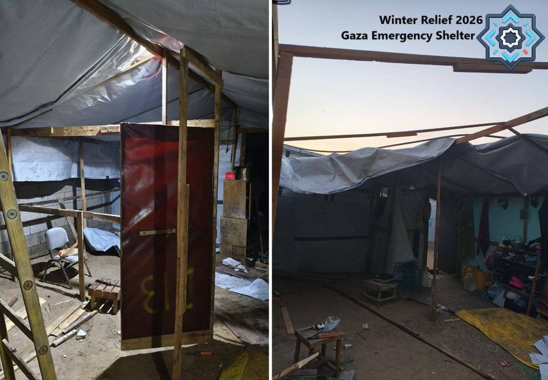 Improvised Gaza emergency shelter with tarp roof and wooden frame, showing basic interior. Winter relief requires donations. Donate ETH for Gaza.