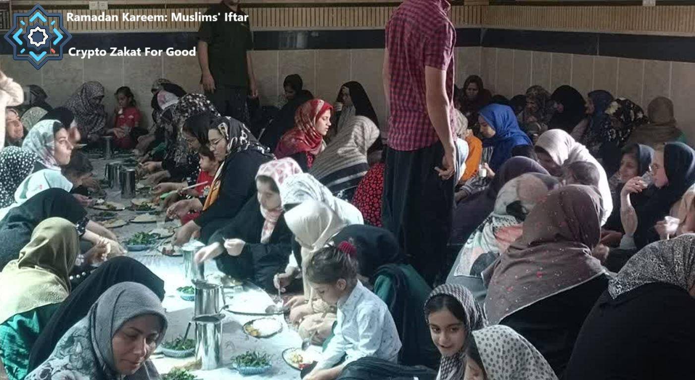 Muslims sharing an iftar meal, facilitated by crypto zakat donations, showcasing relief and community support during Ramadan.