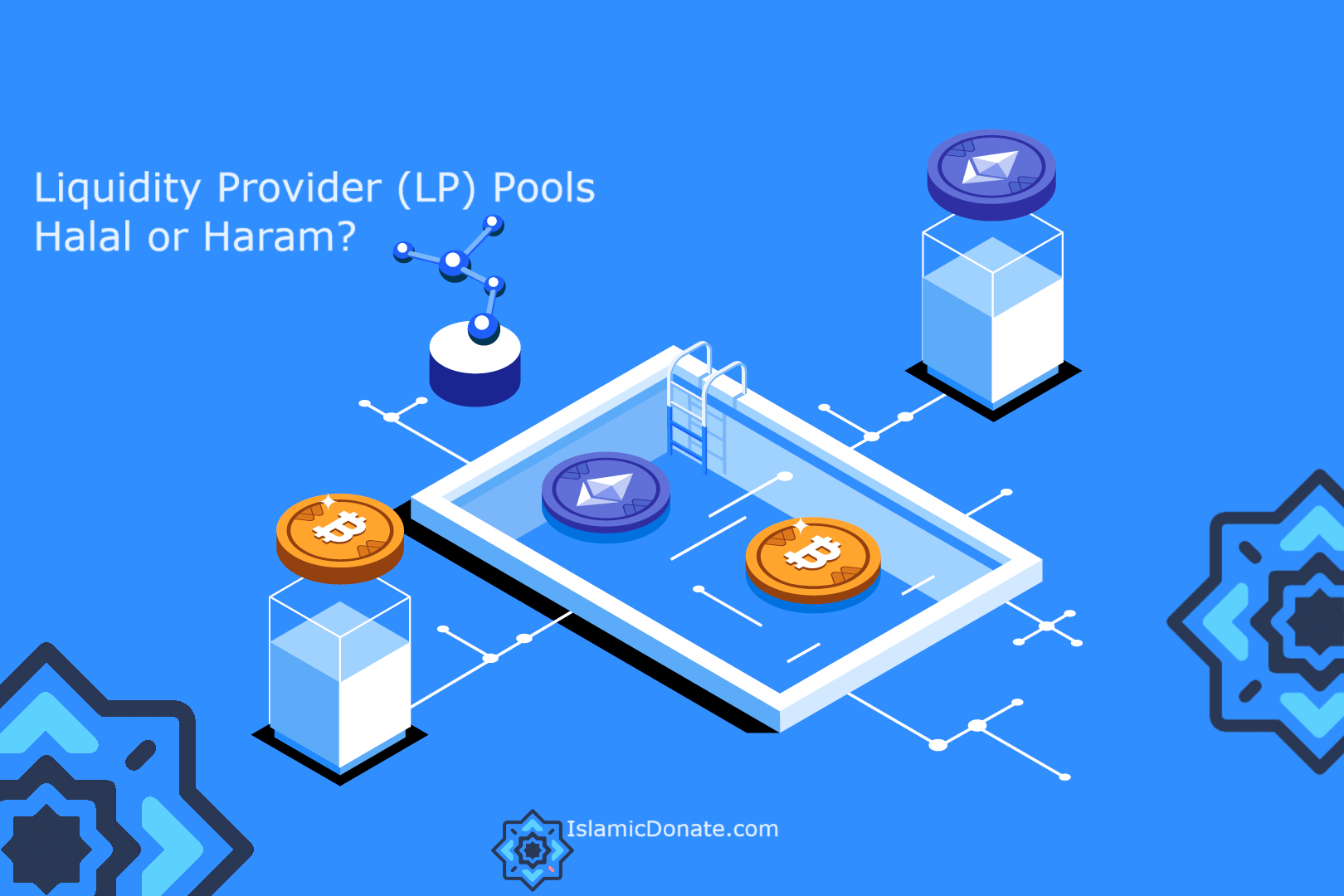 Liquidity Provider (LP) Pools Halal or Haram? illustration of a swimming pool filled with water and cryptocurrency coins like Bitcoin and Ethereum. Bitcoin, Ethereum, DeFi, Halal, Haram, Islamic finance.