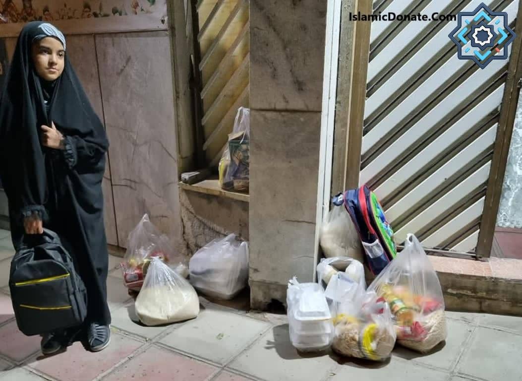 Girl holding a backpack stands by food packages for distribution, symbolizing crypto zakat in Ramadan for the needy. Keywords: Zakat, Ramadan, Cryptocurrency, Charity, Relief.