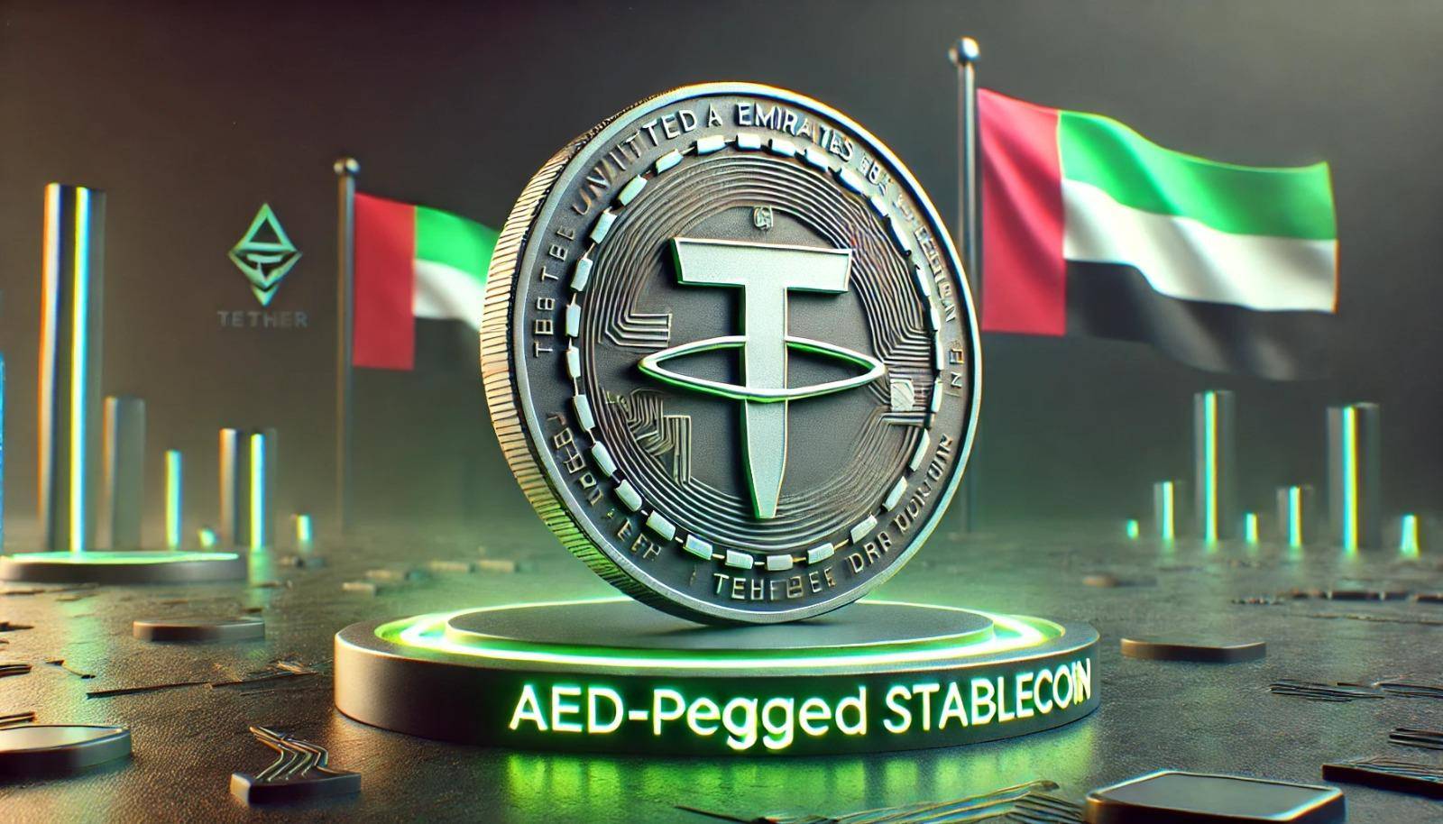 UAE Dirham stablecoin with UAE flag and Tether logo, symbolizing secure crypto donations, featuring USDT for efficient charity.