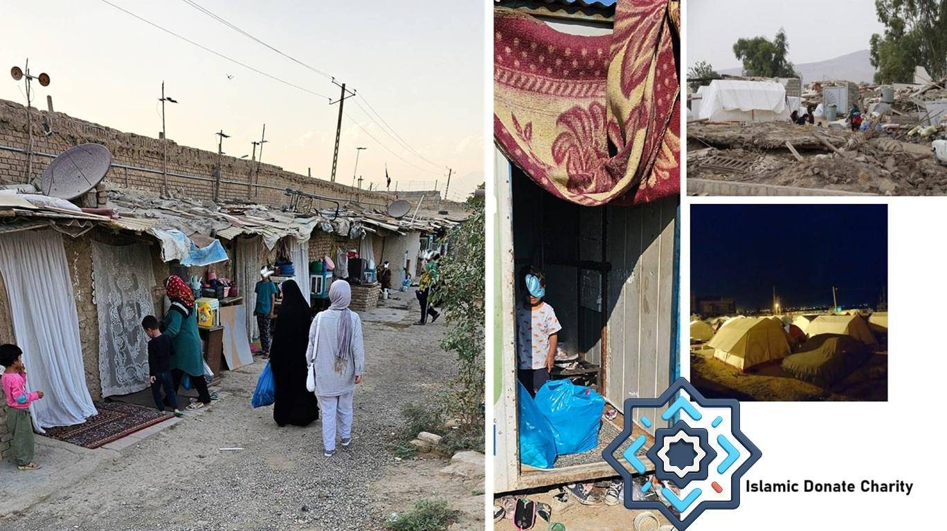 Families enduring hardship in makeshift housing, relief tents at night, and a child in a doorway holding donation bags, symbolizing crypto-funded aid for the needy.