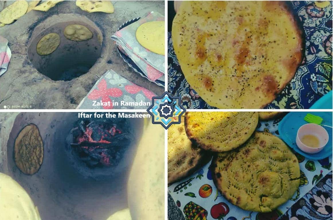 Collage showing bread being baked in a tandoor oven and on plates, representing Zakat in Ramadan for the Masakeen, with an implied donation of ETH supporting relief efforts.