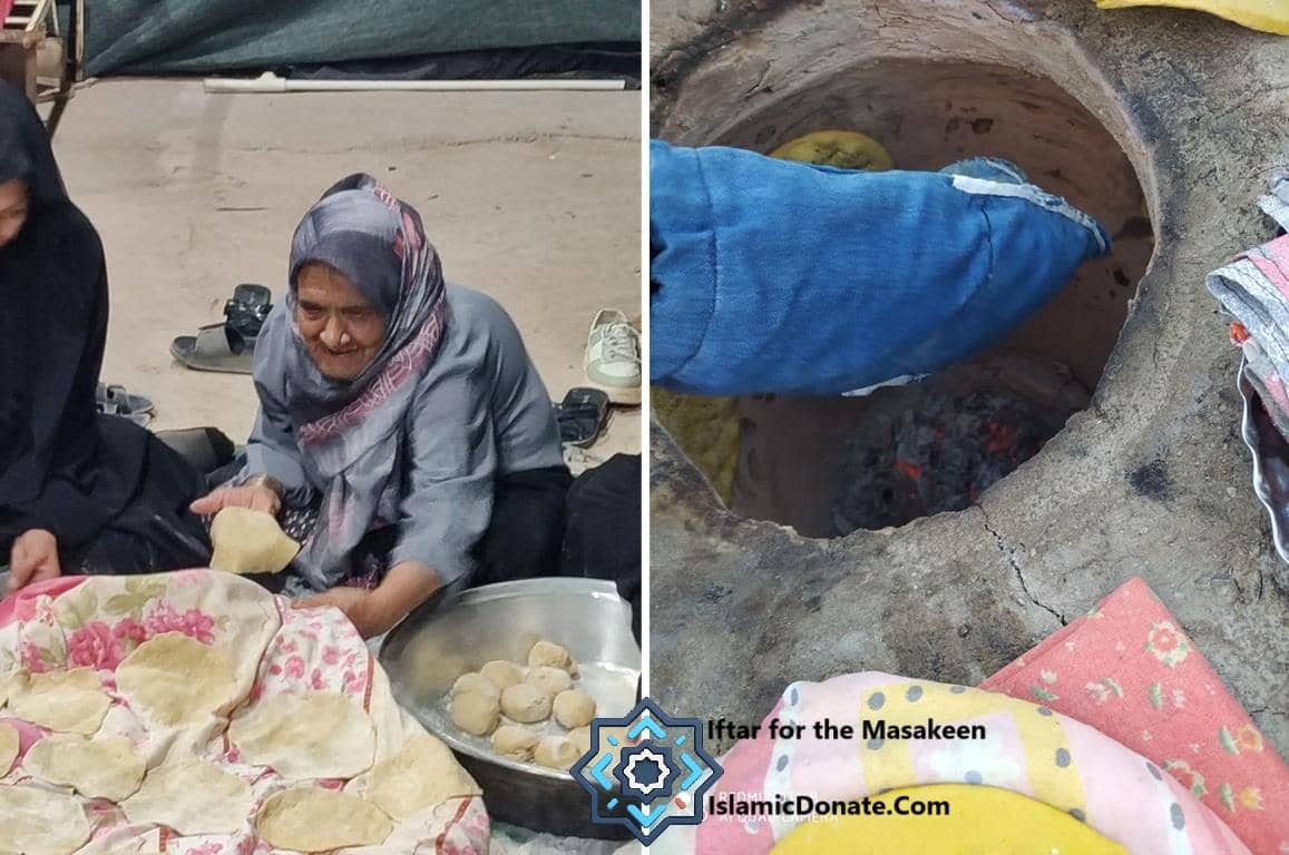 Women preparing dough for bread and a tandoor oven with bread being baked, symbolizing crypto zakat supporting iftar for the needy aided by ETH.
