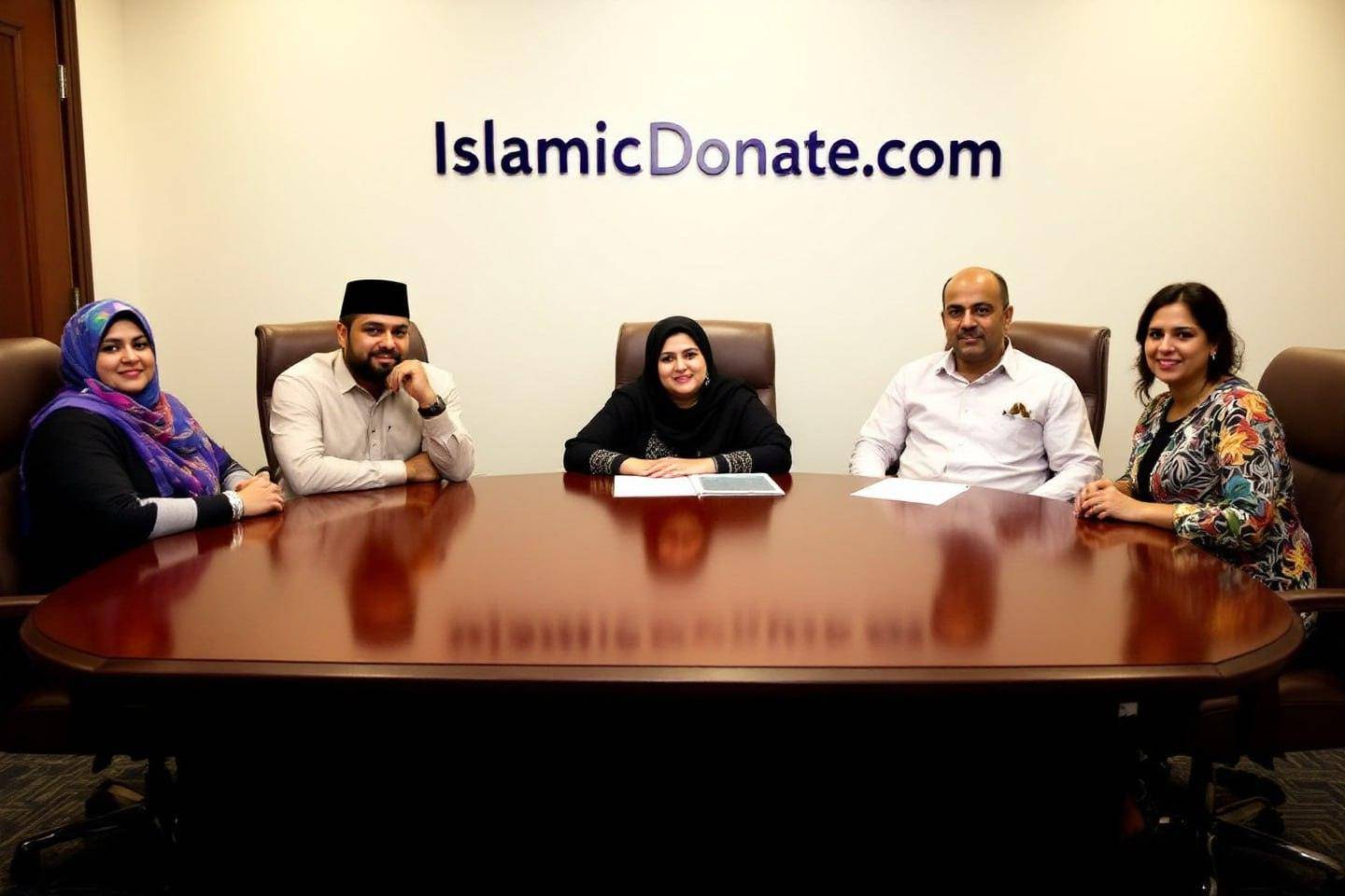 Five Muslim professionals seated around a conference table, signifying the team behind Our Islamic Charity's international relief efforts, with donations processed via BTC.