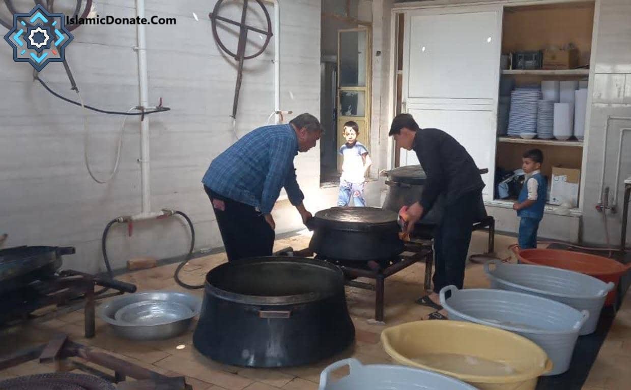 Men preparing large pots of food with children nearby, illustrating aid distribution for Palestinian Muslims. Donation via cryptocurrency like USDT is accepted.