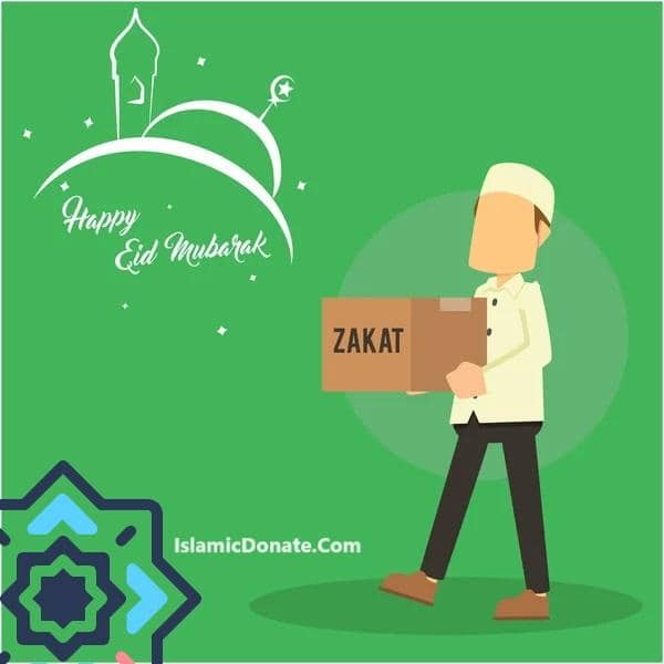 Happy Eid Mubarak illustration of a man carrying a Zakat box, symbolizing charitable giving during the holiday, especially via Solana.