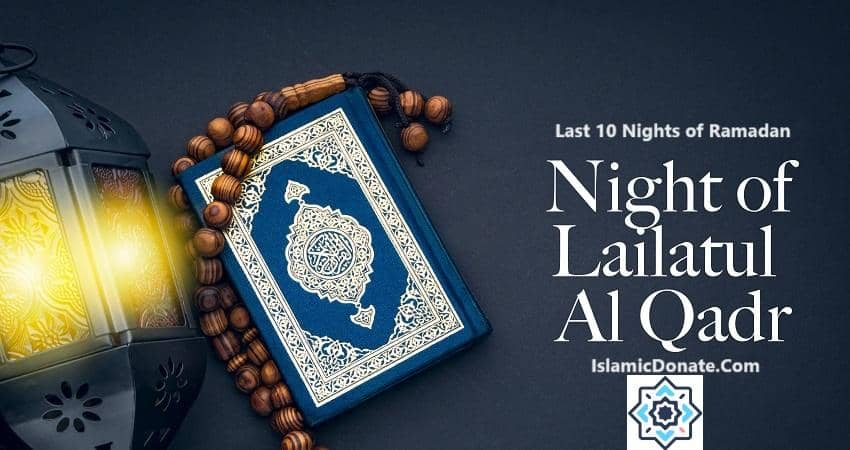 The Last 10 Nights of Ramadan: Night of Lailatul Al Qadr with a lantern, Quran, and prayer beads. Donate with BTC on IslamicDonate.com to unlock blessings.