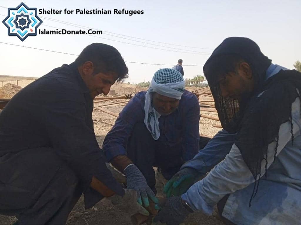 Palestinian refugees work together to build shelter, with contributions from cryptocurrency Zakat donations like USDC, supporting humanitarian aid for the Muslim Ummah.