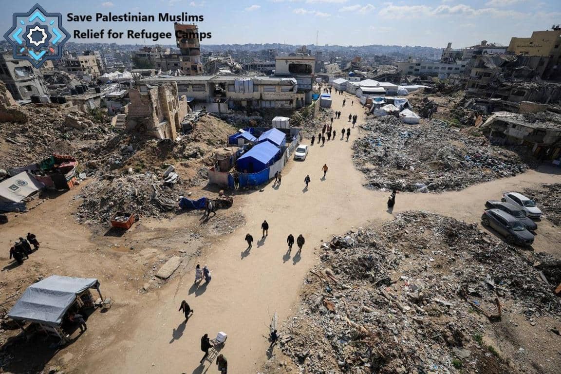 Devastated refugee camp in Palestine with families walking among rubble. Crypto donations of Bitcoin, Ethereum, or Tether help provide food, water, and shelter.