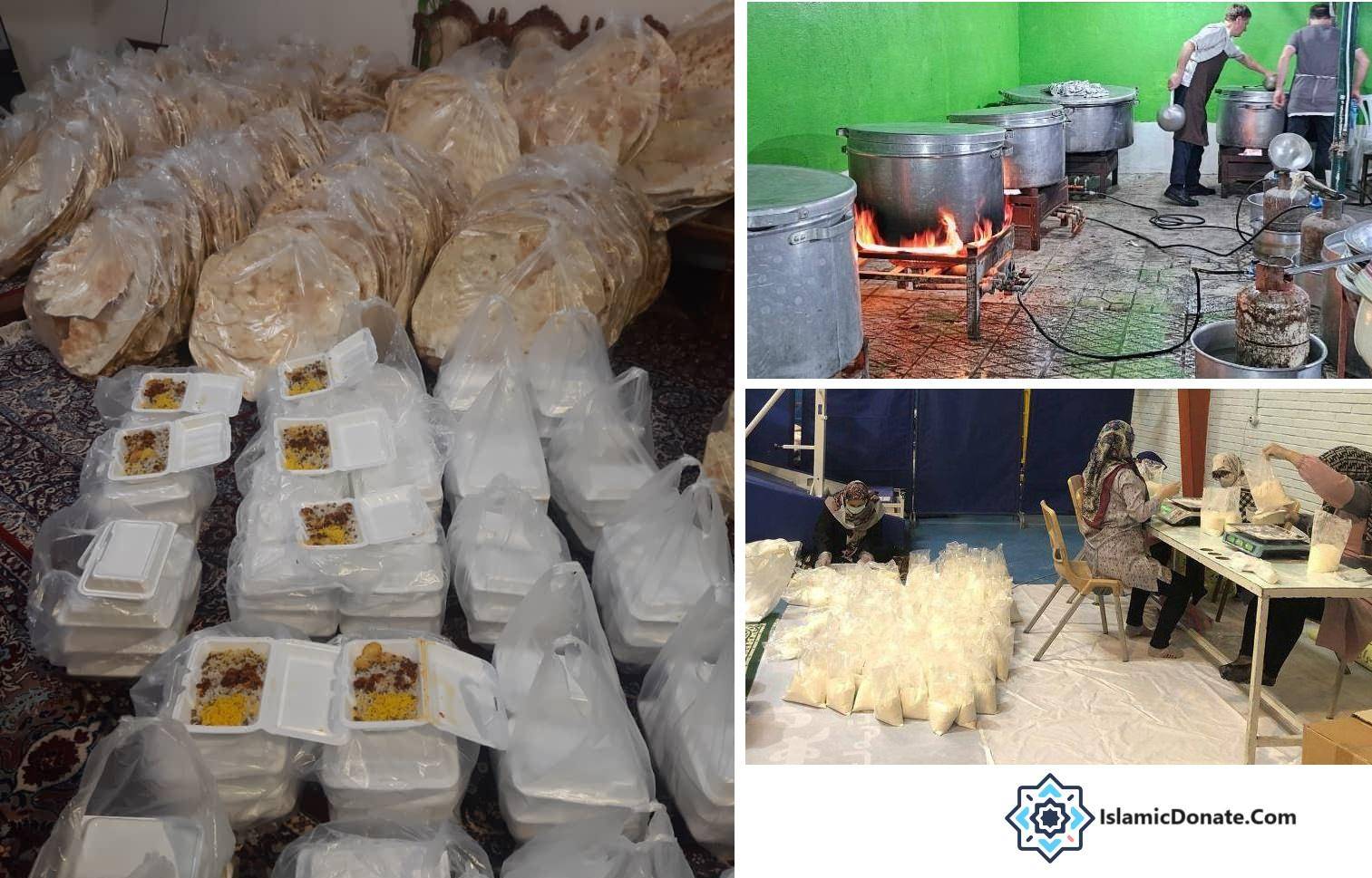 Rows of packaged food and flatbreads ready for distribution, with a collage showing large vats of food cooking and volunteers preparing dry goods packages, aided by crypto donations like USDT.