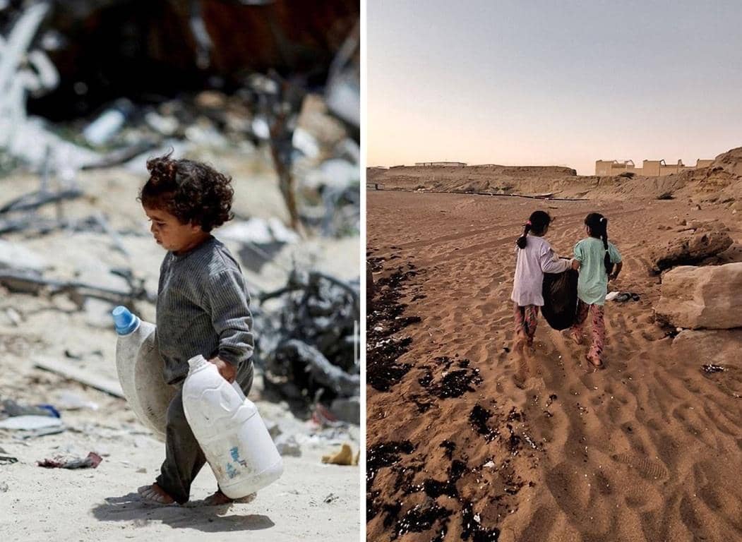 Palestinian children carrying water containers amidst rubble and collecting trash on a beach. Crypto Zakat donations with XRP support vital relief efforts for those in need.