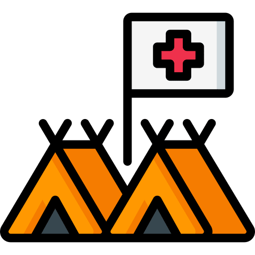 Red Cross flag over tents, urgent relief and aid facilitated by cryptocurrency donations.