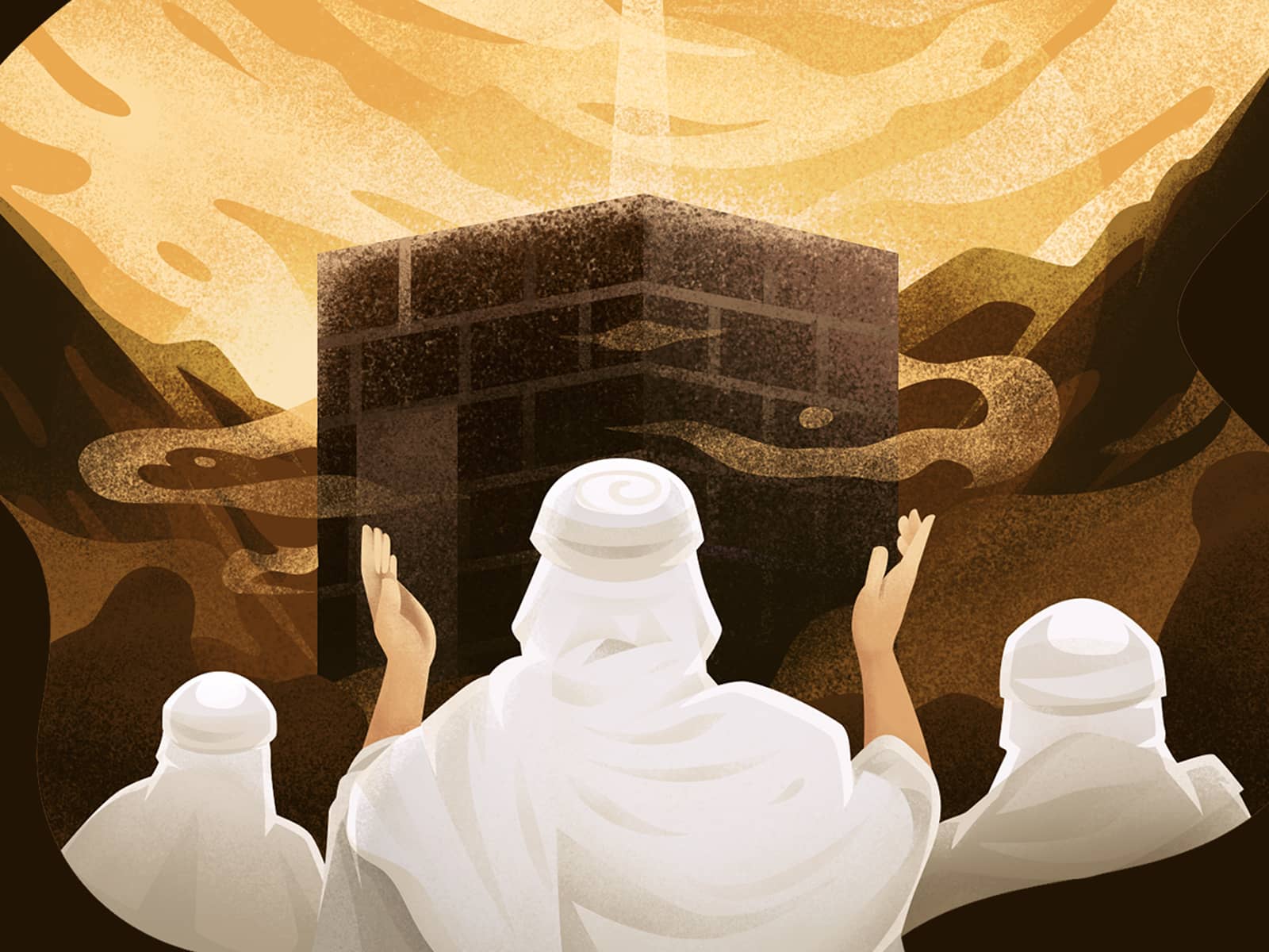 Muslims in Ihram praying towards the Kaaba with raised hands, symbolizing Ibadah and devotion, supported by crypto donations.