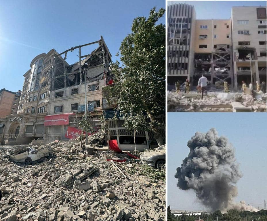 War damage in Tehran showing a multi-story building destroyed with debris and damaged cars, a group of people amidst rubble, and a large smoke plume from an explosion, supporting urgent relief efforts and crypto donations via USDT.