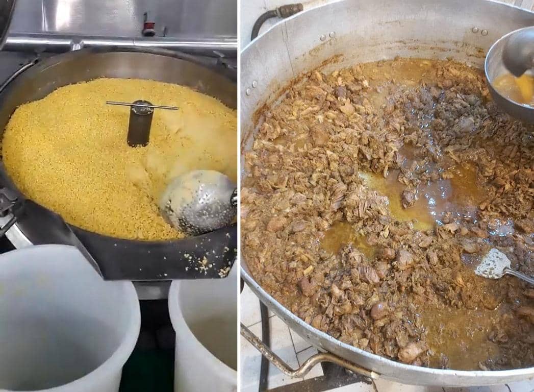 Food preparation in Gaza: large vats show cooking grains and shredded meat, symbolizing humanitarian aid delivery with humanitarian support via BTC.