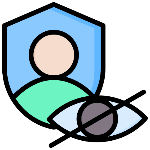 User privacy icon with a shield protecting a person and a crossed-out eye indicating no views. Hidden donation with crypto like Monero.