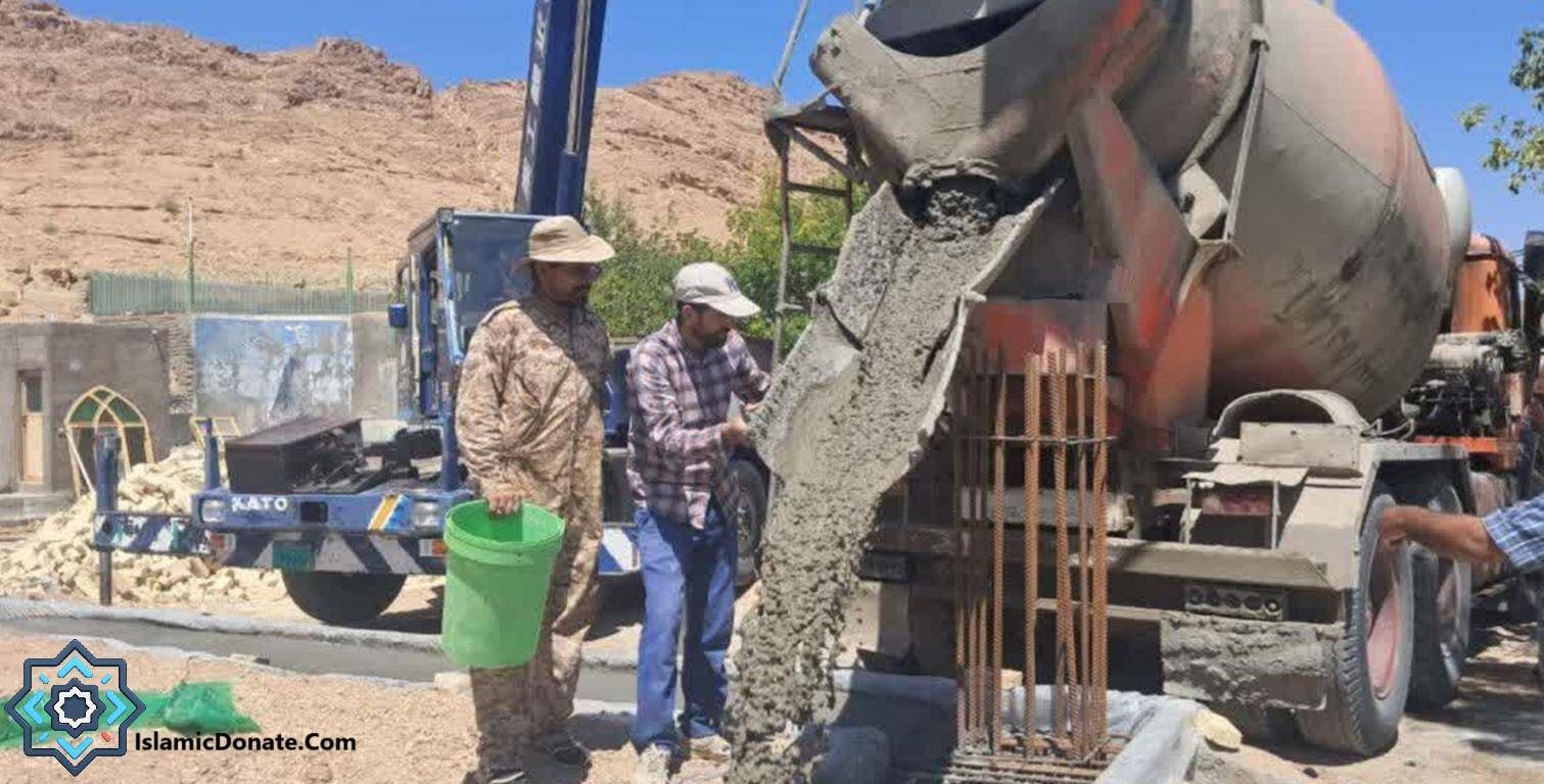 Construction workers pour concrete using a mixer truck, donation efforts for building projects, potentially funded via Stablecoin.