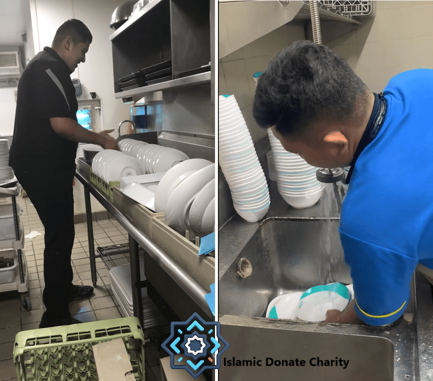 Volunteer washing dishes in a charity kitchen, highlighting anonymous crypto donations like ETH that support essential services.