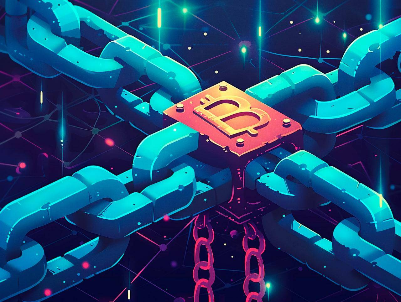 Bitcoin blockchain technology with interconnected chains and the Bitcoin logo, demonstrating decentralized ledger and enhanced security for crypto donations, like those supported by BTC.