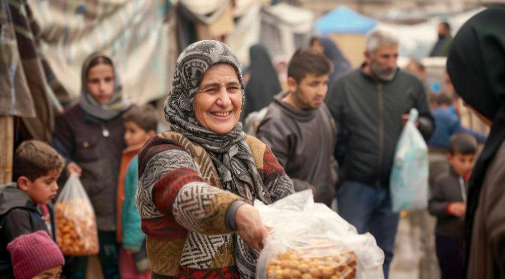 Smiling woman receives a bag of food, symbolizing Islamic charity and Zakat distribution. Donations made via USDT provide immediate relief and support to the needy.