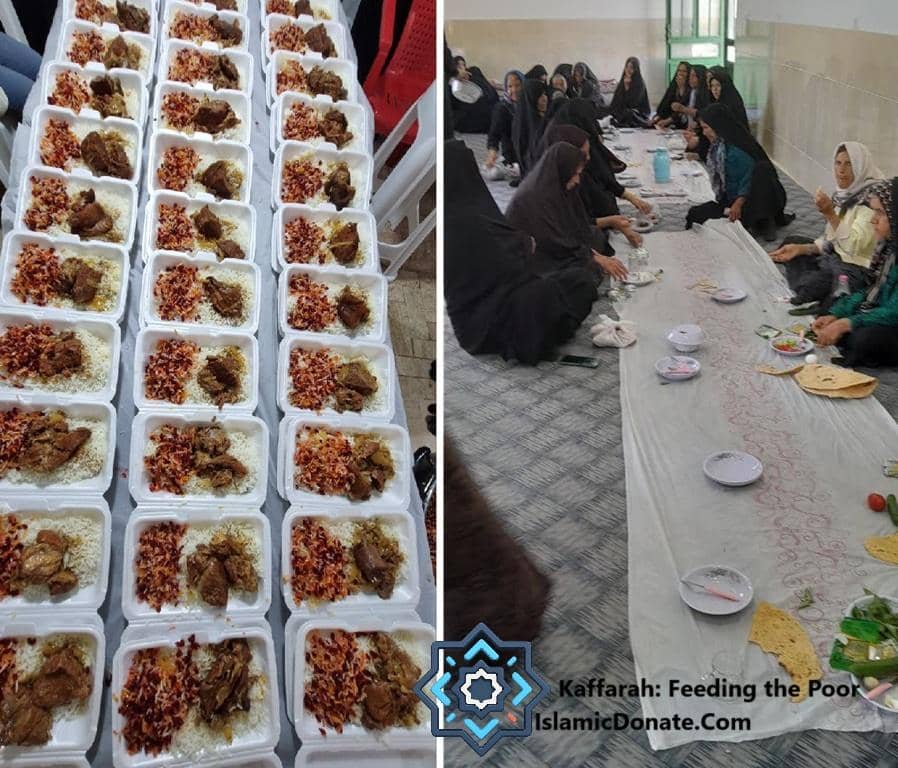 Pay Kaffarah online with Cryptocurrency using USDT to feed the poor and purify your soul. Images show prepared meals and people sharing a meal.