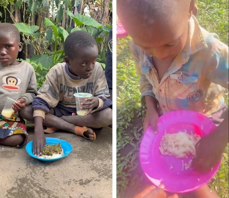 Children receiving food aid, with crypto donations like RLUSD supporting hungry families in crisis zones. Food aid distribution of meals and packages.