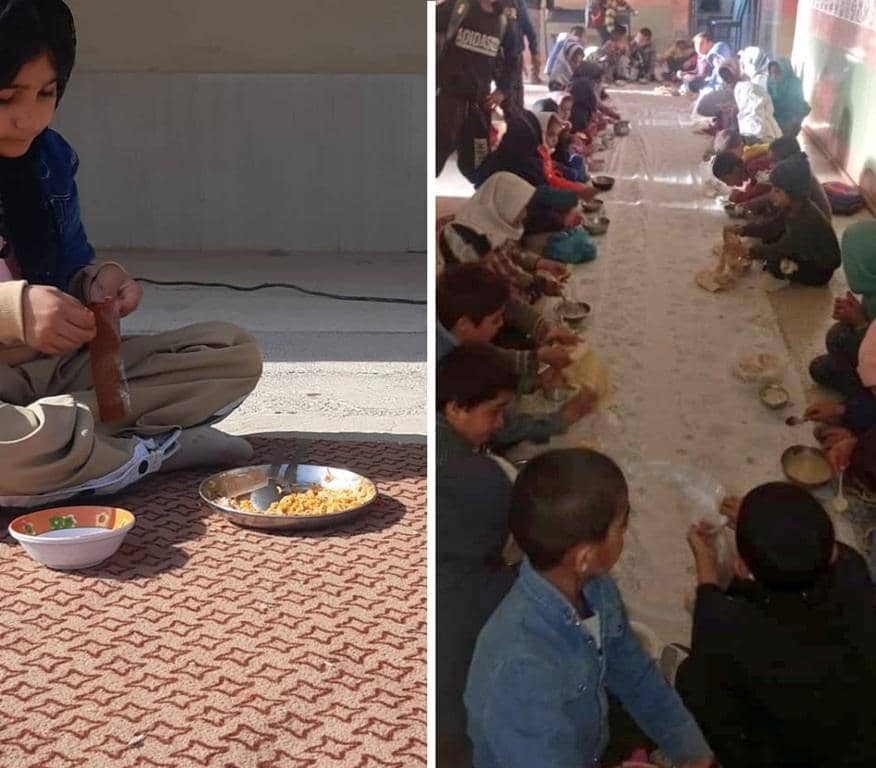 Child receiving food aid, rows of children eating meals, supported by crypto donations like USDT.