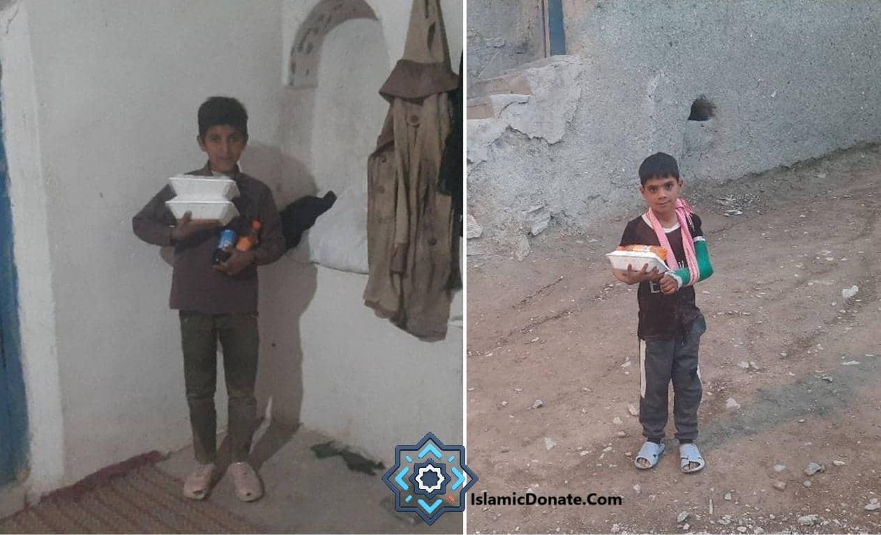 Two children hold food containers and drinks. The child on the left is indoors and receives a food donation. The child on the right, with a cast on his arm, is outdoors and holds a food donation, showcasing crypto Khums to needy children in Gaza or Yemen.