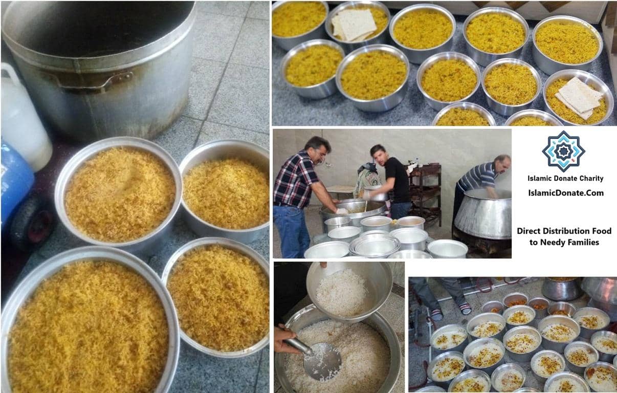 A collage of images showing large pots of rice and food preparation for charitable distribution, implying crypto-funded aid via BTC transactions. This illustrates direct food distribution to needy families.