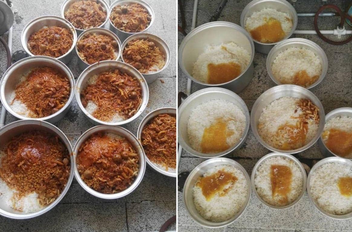 Zakat donations enabling crypto aid distribution: pots of rice with sauces and dishes of cooked food, symbolizing meals for the needy, facilitated by a BTC donation.