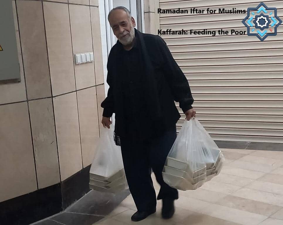 Man carrying bags of food for Ramadan Iftar for Muslims and Kaffarah, symbolizing donation efforts, facilitated by USDT.