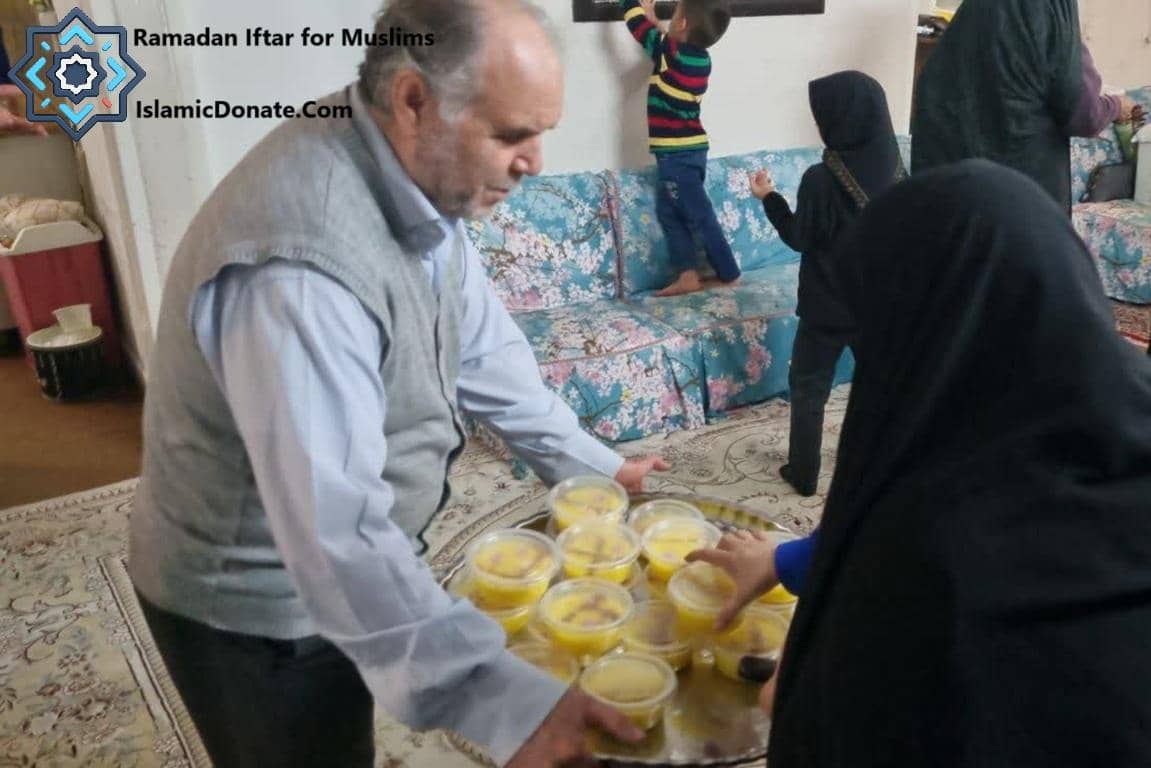 Man presenting a tray of food containers for kaffarah donation, likely for Ramadan Iftar, supported by cryptocurrency like ETH.