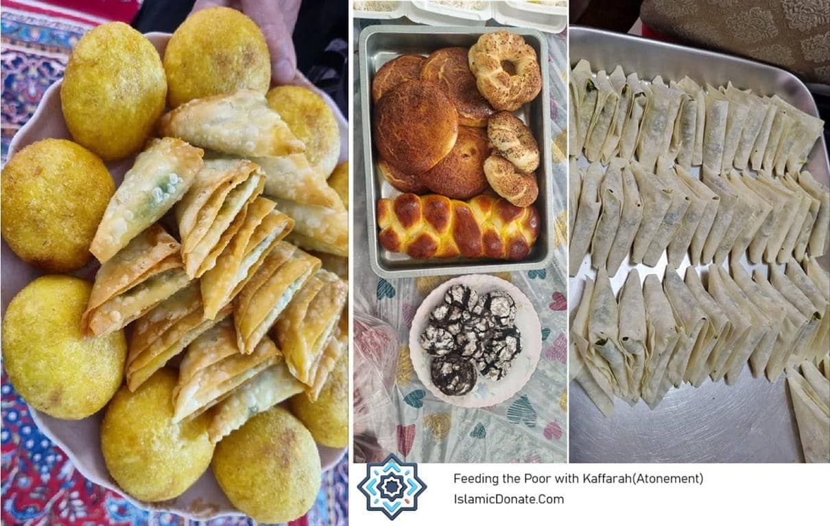 A compilation of delicious food items prepared for charity, including golden deep-fried pastries, assorted baked breads, and savory parcels, supporting Kaffarah payments for the needy with ETH support.