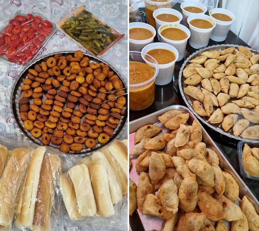 A visual representation of food for kaffarah donations, including fried pastries, bread, and lentil soup, with the option to donate via ETH.