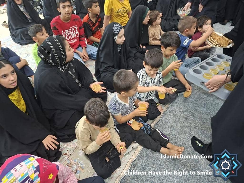 Children receiving food and drink, with donations potentially processed via RLUSD, supporting the Islamic Donate Charity's mission to provide aid.