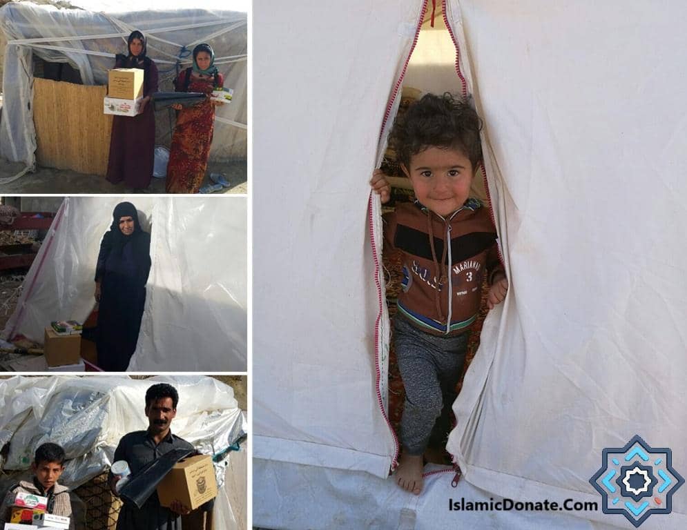 Collage of images showing humanitarian aid distribution. A child peeks out from a tent flap. Two women stand with donation boxes near a makeshift shelter. A woman receives aid, and a man and boy hold boxes. Crypto-funded Sadaqah provides hot meals, debt relief, and support for families, funded with USDC.