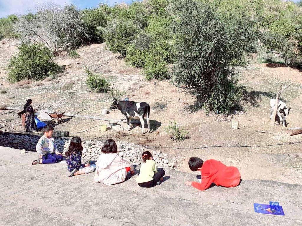 Children learning in a rural village, with cows nearby, supported by education charity donations made with BTC.