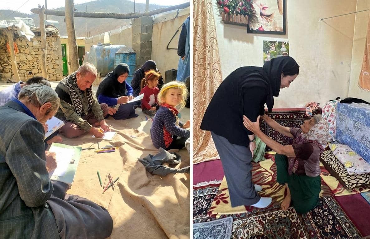 Elderly and children engaged in educational activities, with a volunteer assisting an elder. Supports general healthcare and children's programs, funded by crypto donations like SOL.