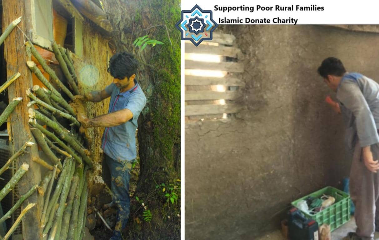 Man building with branches and mud, applying clay to a wall, community rebuilding, skills training, sustainable livelihoods, crypto donation facilitated by Coin (estimated timestamp)