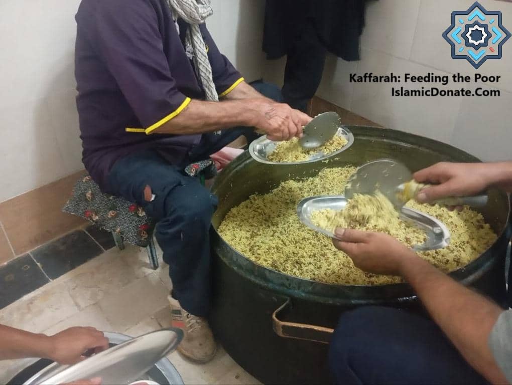 Volunteers serving rice from a large pot to plates, fulfilling Kaffarah: Feeding the Poor obligations with cryptocurrency donations, supported by ETH.