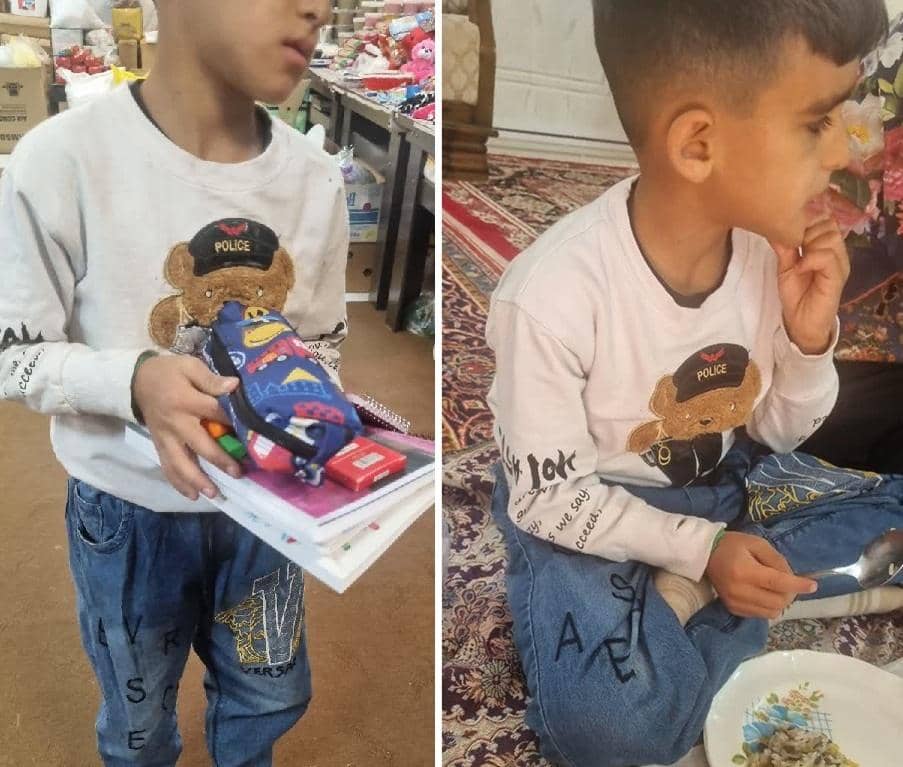 Child holding books and pencil case, indicating educational support funded by crypto donations. Support for Muslim orphans and needy children with USDC.