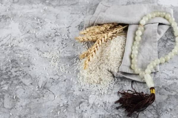 A string of prayer beads rests beside a pile of rice and wheat stalks on a textured grey surface, symbolizing Zakat calculation and crypto giving. Donation to the poor in Gaza via BTC.