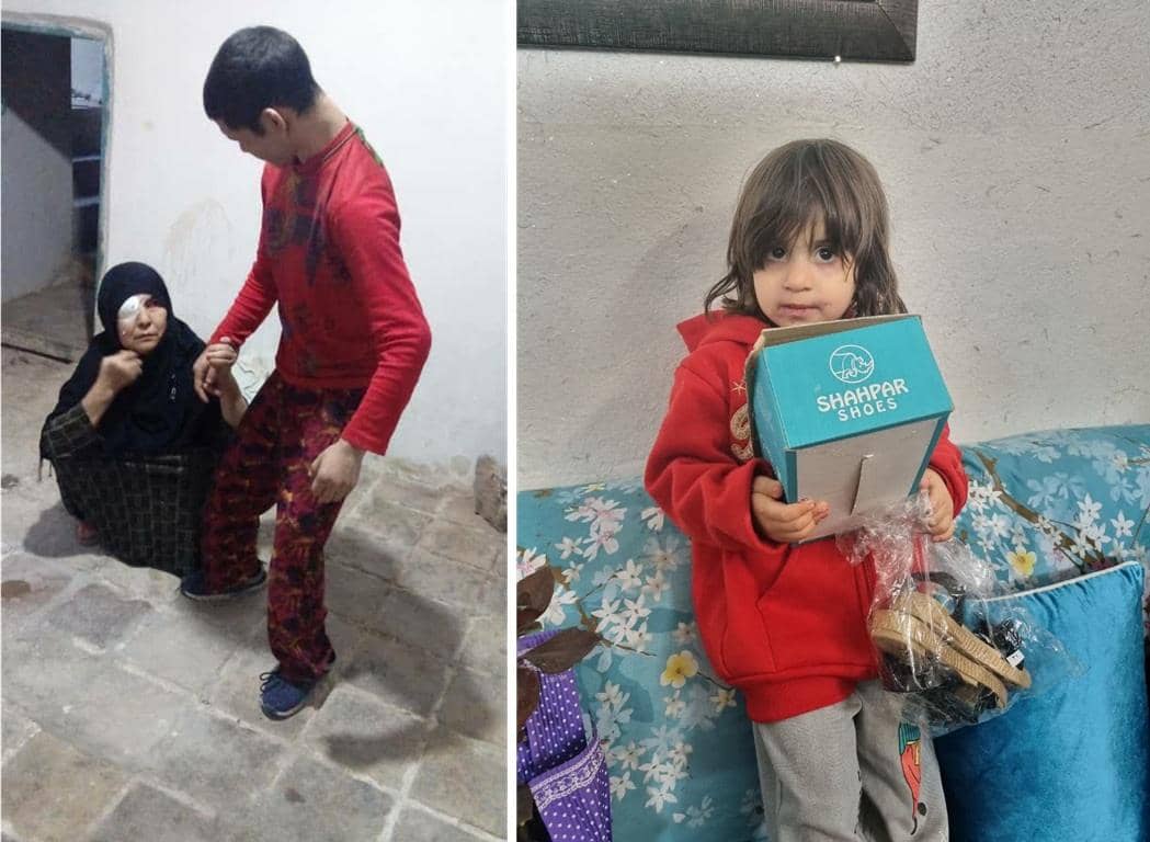 A boy assists an elderly woman with an eye patch using crypto donations via ETH. A young child holds a shoebox, symbolizing relief for the needy.