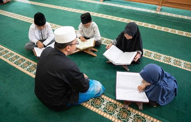Children learning to read the Quran with an instructor, fostering education and economic opportunities through literacy, supported by ETH donations.