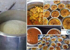 Large pot of rice, chicken stew, and multiple servings of pilaf donated via cryptocurrency, like ETH, to feed the needy.